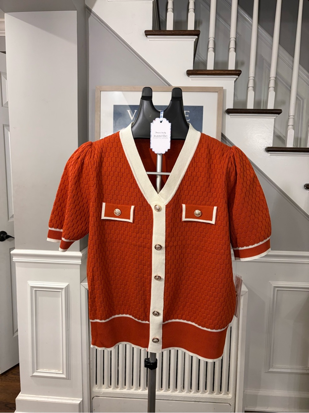 Nanette Lepore Rust Short-Sleeve Knit Cardigan with Cream Trim